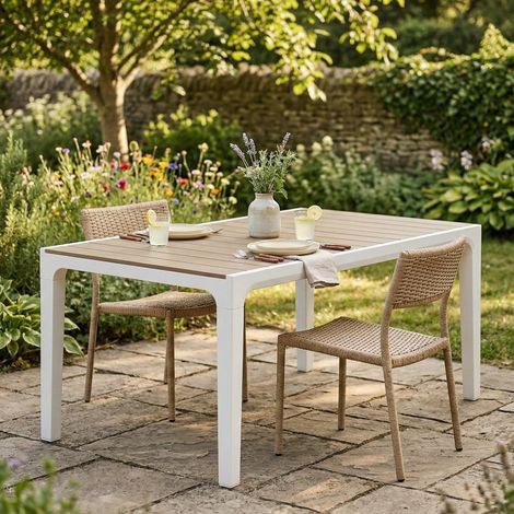 Dmora - Mesa de jardín Innisfail, Base de picnic, Mesa de comedor de jardín, Banco multiusos para exterior, 160x90 h74 cm, Blanco y Gris topo (1/5)