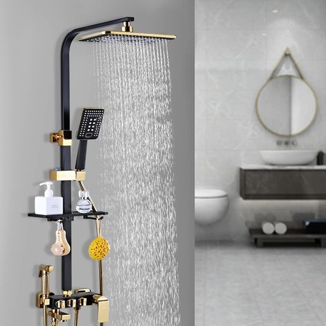 Regendusche Duschset Schwarz Gold Duschsystem mit Kopfbrause Handbrause Duschkopf Duschpaneel Duscharmatur Duschgarnitur Duschsäule, Einstellbare Höhe 75-120cm (1/5)
