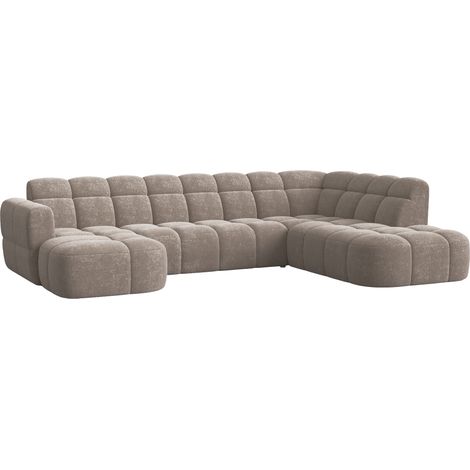 Mobilier Deco – Canapé panoramique 5 places en tissu taupe – Angle gauche – Assises profondes et moelleuses – Style contemporain et chaleureux (1/4)