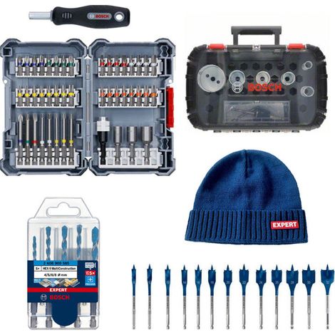 Kit BOSCH 5 punte esperto + Set di inserti per avvitare + Scatola di seghetti a tazza + Custodia di punte piatte + Berretto (1/4)