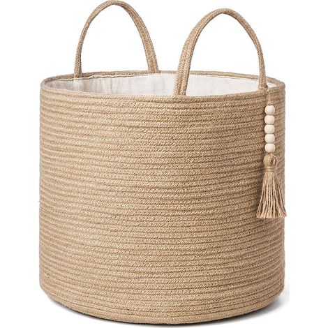 Grand panier à linge en osier tissé - Panier de rangement décoratif en corde naturelle - Décoration de perles en bois pour couvertures, jouets, vêtements, chaussures, plantes - Panier de (1/5)