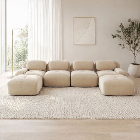 Modulares U-förmiges Sofa ohne Montage, 388 x 178 x 70 cm, beige Cord HAVRYA (1/5)