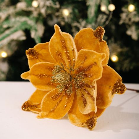 Vintage-style gold-powder flocked Christmas flowers, simulated poinsettia artificial flowers, Christmas tree decorations, accessories, window floral arrangements.