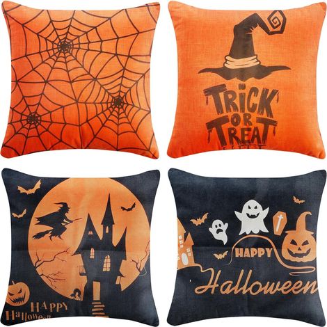 4 pièces Halloween taie d'oreiller,Housses de Coussin Halloween,Coton Lin taie d'oreiller,canapé (1/5)
