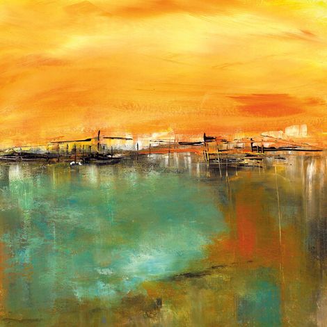 Tableau coloré effet peinture | Tableau sur toile bord de mer orange | Tableau paysage vintage turquoise idéal pour salle de bain - 0,5 x 0,5 m (1/2)