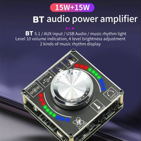 Carte d'amplificateur stéréo 15 W Haut-parleur 12/24 V Audio BT5.1 3,5 mm AUX USB Module d'amplification d'entrée disque U Prise en charge du contrôle de l'application de téléphone portable Sinilink