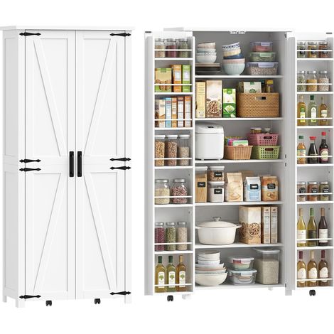 Buffet haut cuisine, armoire cuisine, 2 portes avec roulette, 6 compartiments, 14 porte-racks, étagères réglables, blanc (1/5)