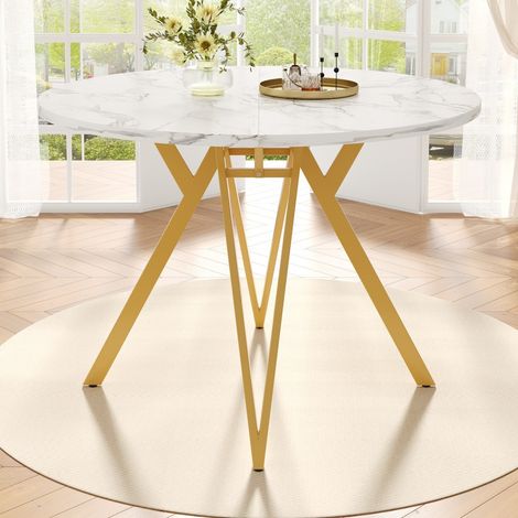 Table de salle à manger ronde 100x100cm avec plateau design et pieds métal dorés, pour cuisine salon et salle à manger, table basse moderne pour 4 personnes, couleur or et blanc (1/5)