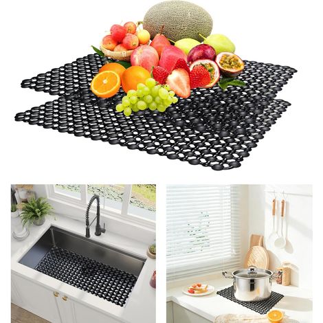 Set of 2 PVC Sink Mat Cuttable for Kitchen 40 x 30 cm Schwarz Sink Mat Non-Slip Base Protection (1/5)