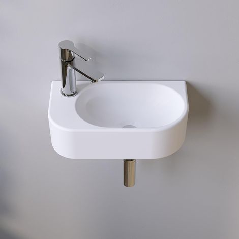 AQUABATOS Hängewaschbecken Keramik Waschtisch Handwaschbecken, mit Hahnloch Links und Stockschrauben, Ohne Überlauf, Ohne wasserhahn, Ohne ablaufventil, Weiß, Oval 400 x 215 x 105 mm (1/5)