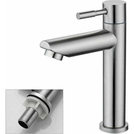 Robinet de salle de bain - Eau froide uniquement, robinet de lavabo, finition chromée, acier inoxydable durable, avec aérateur (1/4)