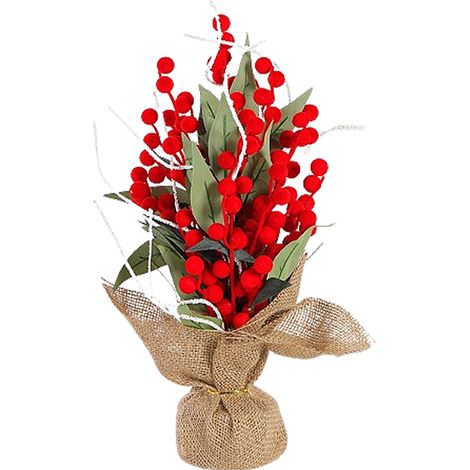 Arbre artificiel à baies rouges, réaliste et raffiné, avec base en bois, idéal pour la décoration intérieure (Type A). (1/2)