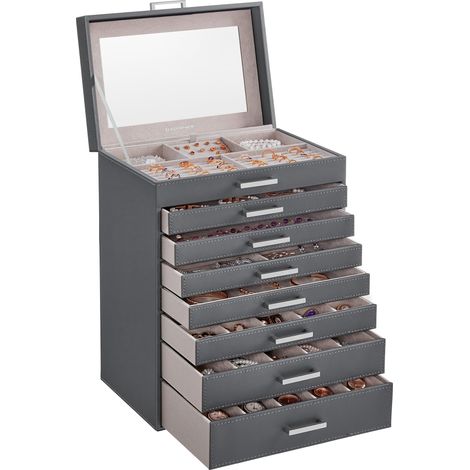 Boîte à Bijoux 8 Niveaux, Écrin à Accessoires, Coffre de Rangement, avec Grand Miroir, 7 Tiroirs, Beaucoup d’Espace, Rangement pour Bijoux, Moderne, Gris Ardoise JBC008G02 (1/5)