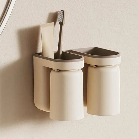 Porte-brosse à dents mural auto-adhésif, avec fonction drainage et porte-gobelet, pour salle de bain (Beige). (1/5)