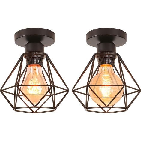 Lot de 2 Plafonnier Métal Suspension Cage Géométrique E27 Vintage Noir pour Couloir Entrée