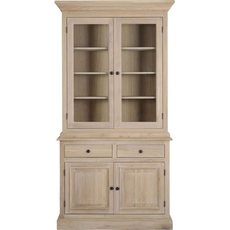 Hellin – Vaisselier en chêne blanchi 2 portes vitrées 2 tiroirs – Dimensions L 107 x P 42 x H 210 cm – Finition vernis cellulosique (1/5)