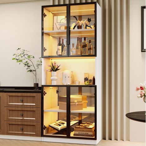 Vitrine 70x30x170 cm en MDF blanc, portes en verre gris, LED et miroir, gain de place – MEUBLIV (1/5)