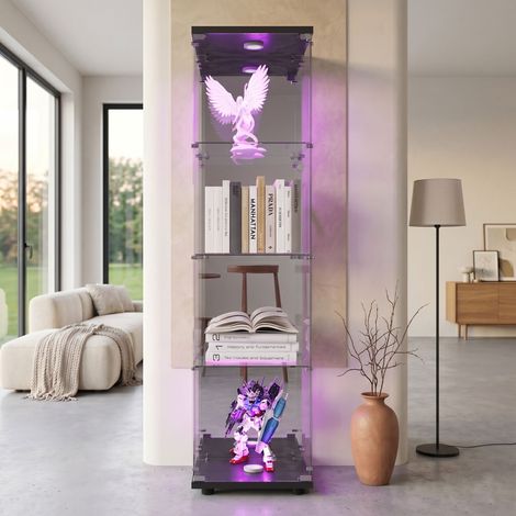 Comanlai - Vitrine en Verre - Armoire de Collection Moderne en Verre à Quatre Couches avec LED et miroir- Verre trempé Vitrine de Collection - Noir