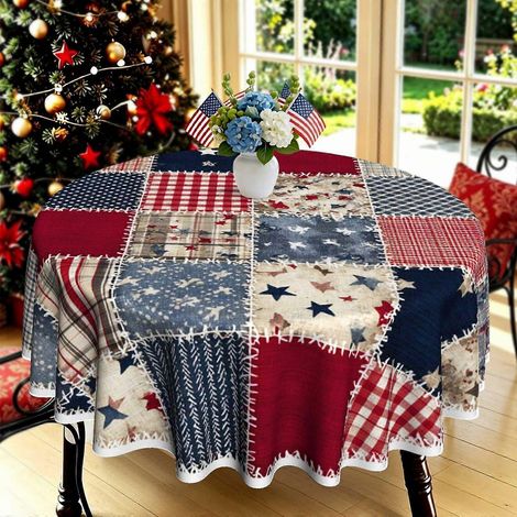 Nappe ronde patchwork à carreaux étoilés, style rustique américain, imprimée en 2D (1 pièce), élégante nappe en tissu pour les fêtes de fin d'année et le jardin. (1/4)