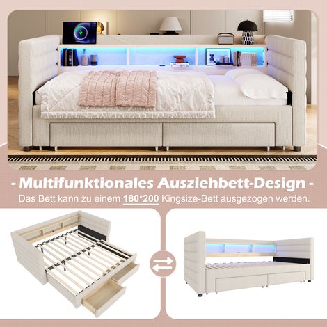 Lit de jour 90x190 cm velours beige,canapé-lit traîne,USB+Type-C,2 tiroirs,multiples rangements,LED,sans matelas (1/5)