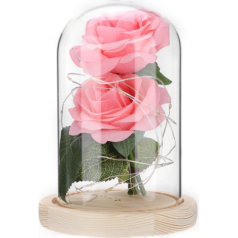 Lampe Nuit Dôme Verre Rose Artificielle Fil Cuivre LED - Décoration Chambre Cadeau Anniversaire - 1 Pièce (1/5)