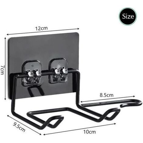 Support pour sèche-cheveux sans perçage - Fixation murale adhésive avec gestion des câbles - Acier inoxydable - Lot de 2, Noir (1/4)