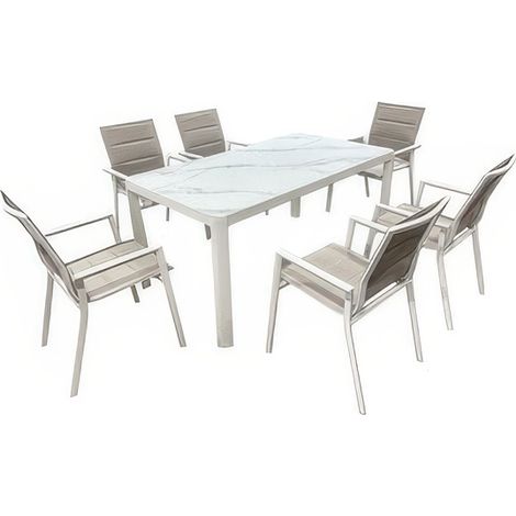 Set Tavolo Alu Stone 160 x 90 cm con 6 Sedie in Alluminio Bianco e Textilene