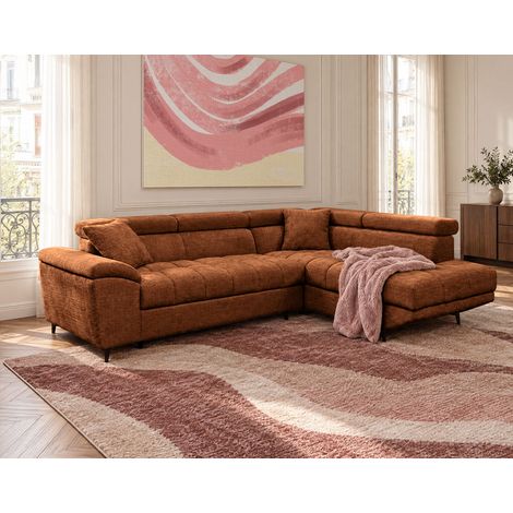 Camille - canapé d'angle droit 5 places convertible avec têtières et coffre en velours texturé - terracotta (1/5)