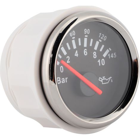 Manomètre de pression d'huile 2 pouces 0-10 bar, 145 psi, cadran rétroéclairé par LED, convient aux voitures, motos, bateaux et camions, 12V/24V, cadran noir, lunette argentée. (1/5)