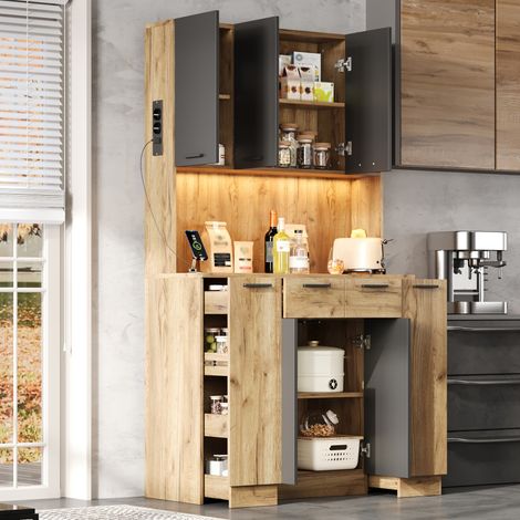 Buffet de cuisine led 100x40x180cm armoire vitrine prise électrique range-épices coulissant casier bouteilles - mdf - naturel (1/5)
