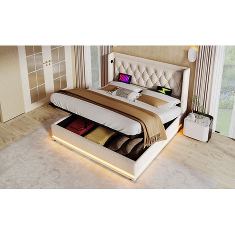 Polsterbett 180x200 cm Beige mit Stauraum, LED-Beleuchtung und USB-C (1/5)