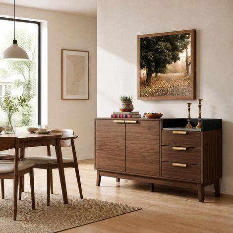 Credenza 120 x 40 x 77 cm, 3 cassetti, 2 ante, vano aperto, finitura rovere DESVIAE (1/5)