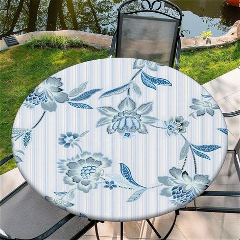 Runde Tischdecke mit Gummizug 150cm, wasserdicht, blau gestreifte Blumen