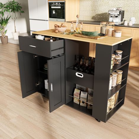 Isla Central de Cocina con Almacenamiento y Encimera – Mueble de Cocina Práctico y Móvil con Tablero de Madera de Roble, Estantes Abiertos y Gran Espacio de Almacenamiento, Negro