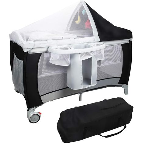 GOPLUS Lit Bebe Parapluie avec Matelas Epaisseur 2CM, Moutiquaire, 3 Jouets, et Sac-Pliable-Convient aux 0-36 Mois-120 x 60 x 76 CM (Noir)