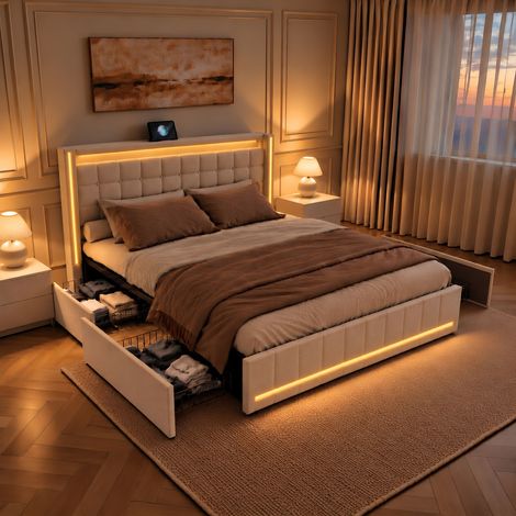 Lit adulte 160x200 avec sommier à lattes,bande lumineuse LED et chargement USB,4 tiroirs,lit double capitonné,tissu en lin,beige