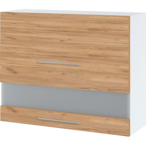 Meuble haut de cuisine Bellissi Chene 2 portes relevables avec vitre opaque L 90 cm - Porte avec poignée apparente Décor chêne brut (1/5)