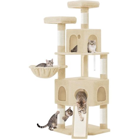 Grand Arbre à Chat Hauteur 174 cm, XL, avec 4 Griffoirs, 2 Plateformes, 2 Niches, 1 Griffoir pour Chat, Corde en Sisal, Pompons, Robustesse pour Familles Multi-Chats, Beige (1/5)