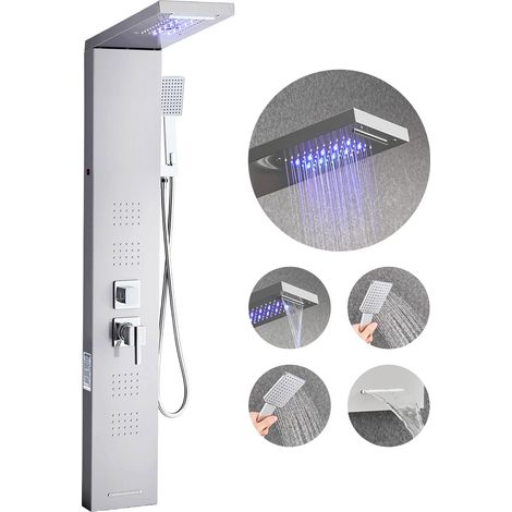 Colonne de douche avec pommeau de douche effet pluie, système de panneau de douchette mural LED en acier inoxydable brossé 1345 mm, robinet 5 fonctions, avec 4 jets corporels et douchette à main (1/5)