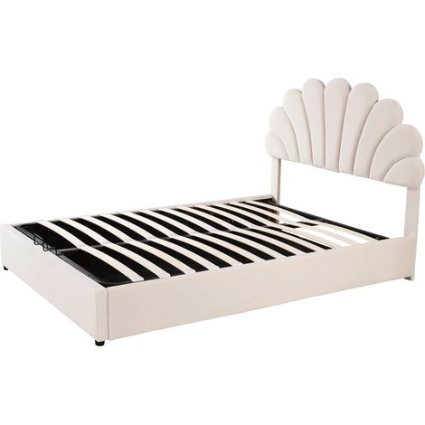Cama tapizada 140 x 200 cm en terciopelo beige, cabecero regulable y somier (1/5)
