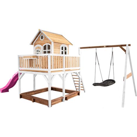 Axi Liam Maison Enfant Avec Bac À Sable, Balançoire Nid D’Oiseau Noir & Toboggan Violet Aire De Jeux Pour L'Extérieur En Marron & Blanc Maisonnette / Cabane De Jeu En Bois Fsc