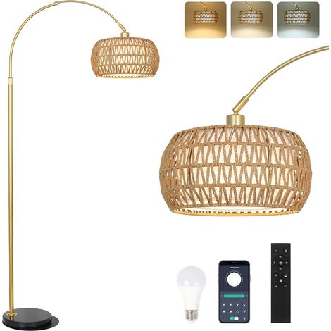Golden Modern Lampadair with Rattan Lampshade, Boho Design with Remote Control and LED Bulb, App Control, Dimmable for Bedroom (1/5)