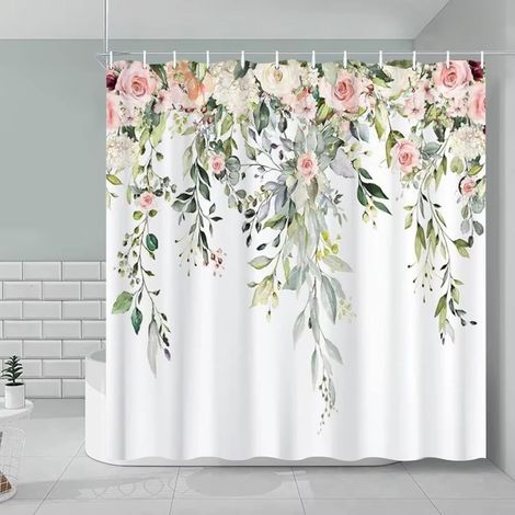 Rideau de douche à motifs floraux, style bohème/ferme vintage, lavable, avec crochets, 180x200cm, convient pour la salle de bain. (1/3)