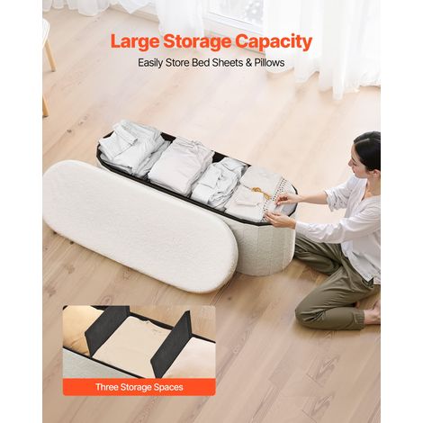 Banc de rangement ovale, coffre de rangement rembourré pliable en polaire Teddy, banquette rabattable, charge de 299,37 kg, pouf de bout de lit, pour salon, chambre à coucher, entrée, beige (1/5)