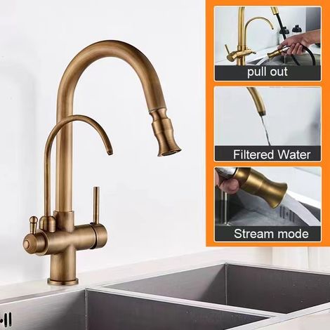 Robinet de cuisine à ressort 3 en 1, filtre d'eau d'évier, robinets universels à double usage avec pulvérisateur extractible, tout en cuivre Antique (1/3)