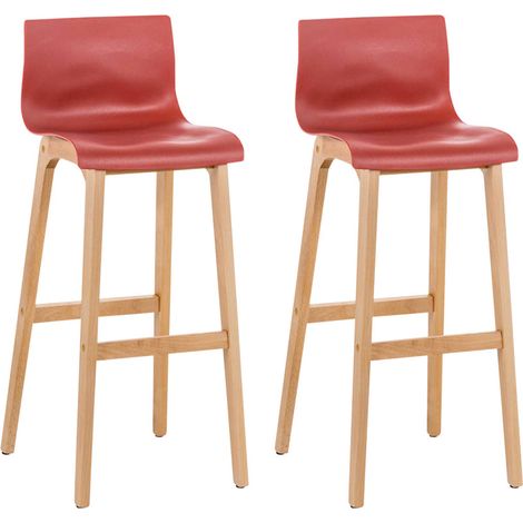 Set di 2 sgabelli da bar con 4 gambe in legno e seduta in plastica rossa stile scandinavo 100006196