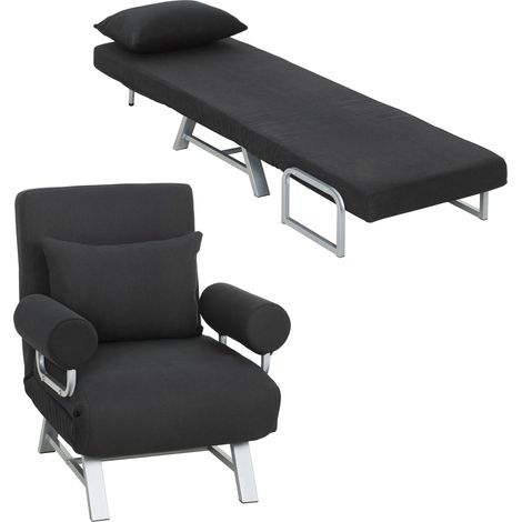 Fauteuil chauffeuse canapé-lit Convertible inclinable 1 Place Coussin lombaires accoudoirs piètement métal Lin Noir