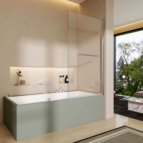 800x1400mm Pivot Bath Shower Screen, 6mm Safety Glass Panel with Towel Rail,Square Chrome,180 Degree Reversible (1/5)