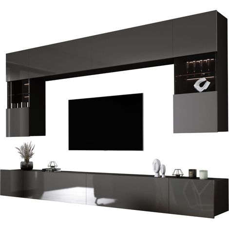 Elément mural : Noir Mat / Gris Brillant, largeur : 300 cm, hauteur : RÉGLABLE, profondeur : 42 cm (1/5)