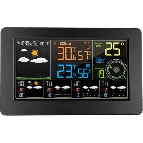 Station météo connectée QttvbTna en ABS, capteur extérieur sans fil IPX4, adaptateur inclus, 20,5 x 3 x 13 cm, noire (1/5)
